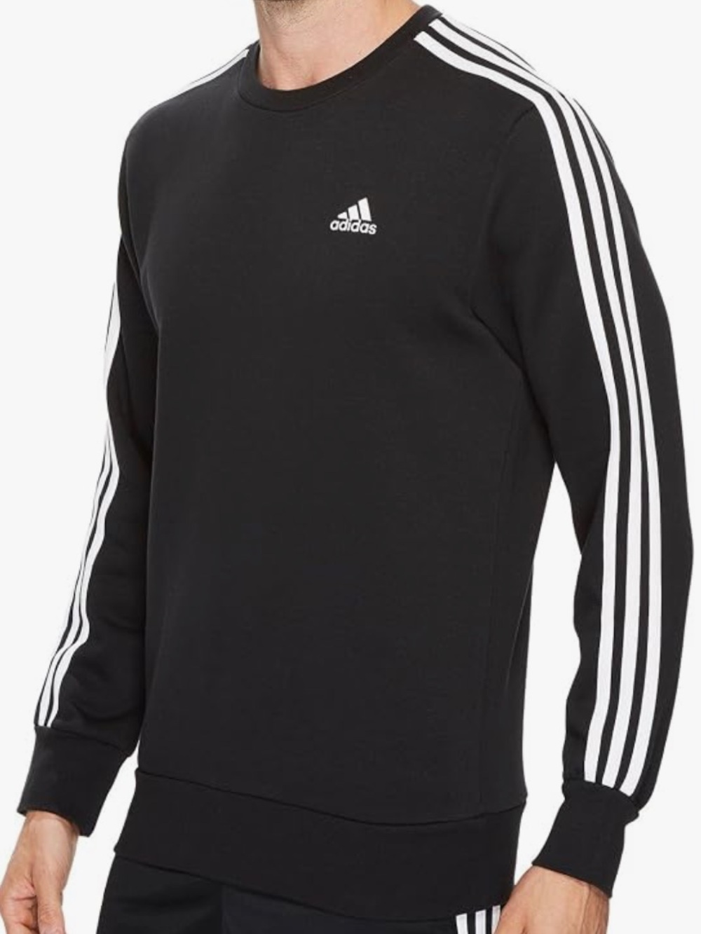 Adidas Essential 3 Stripe Fleece Sweatshirt Mens Black Medium Pullover Crewneck